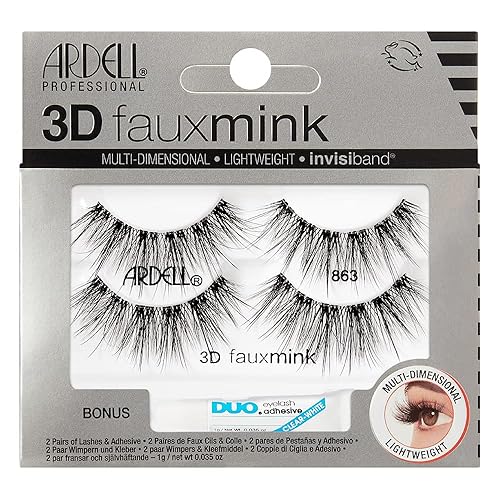 Ardell 3D Faux Mink Lashes 863 with DUO Lash Adhesive Pipette, 1g - Long-Lasting, Natural Look False Eyelashes, 1 Pack