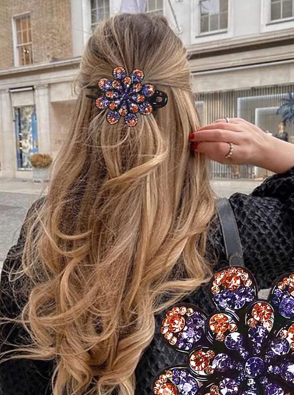 5 Pcs double flower decorative jeweled rhinestone hair clip pretty fancy floral thick crystal hair clips for women beautiful fashion designer asian
