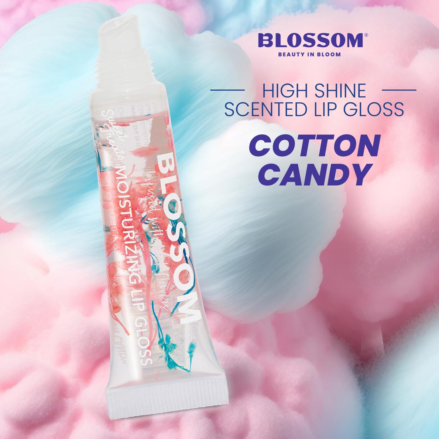 Blossom Lip Gloss Tubes, Cotton Candy Scented Thick Clear High Shine Moisturizing Flower Lip Gel with Nourishing Jojoba Seed Oil, Infused with Real