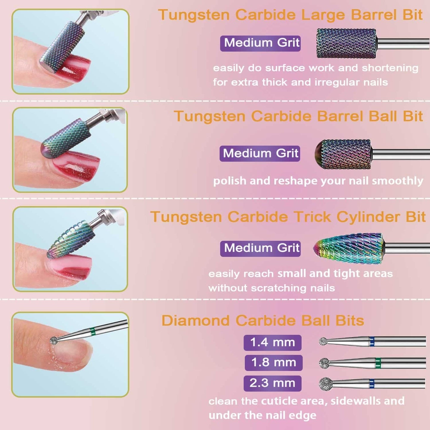 Nail Drill Bits Set, 3/32" Ceramic Tungsten Carbide Diamond Drill Kit,30Pcs Safety Professional Rotary Burrs Polish Nail File Bit for Acrylic Poly