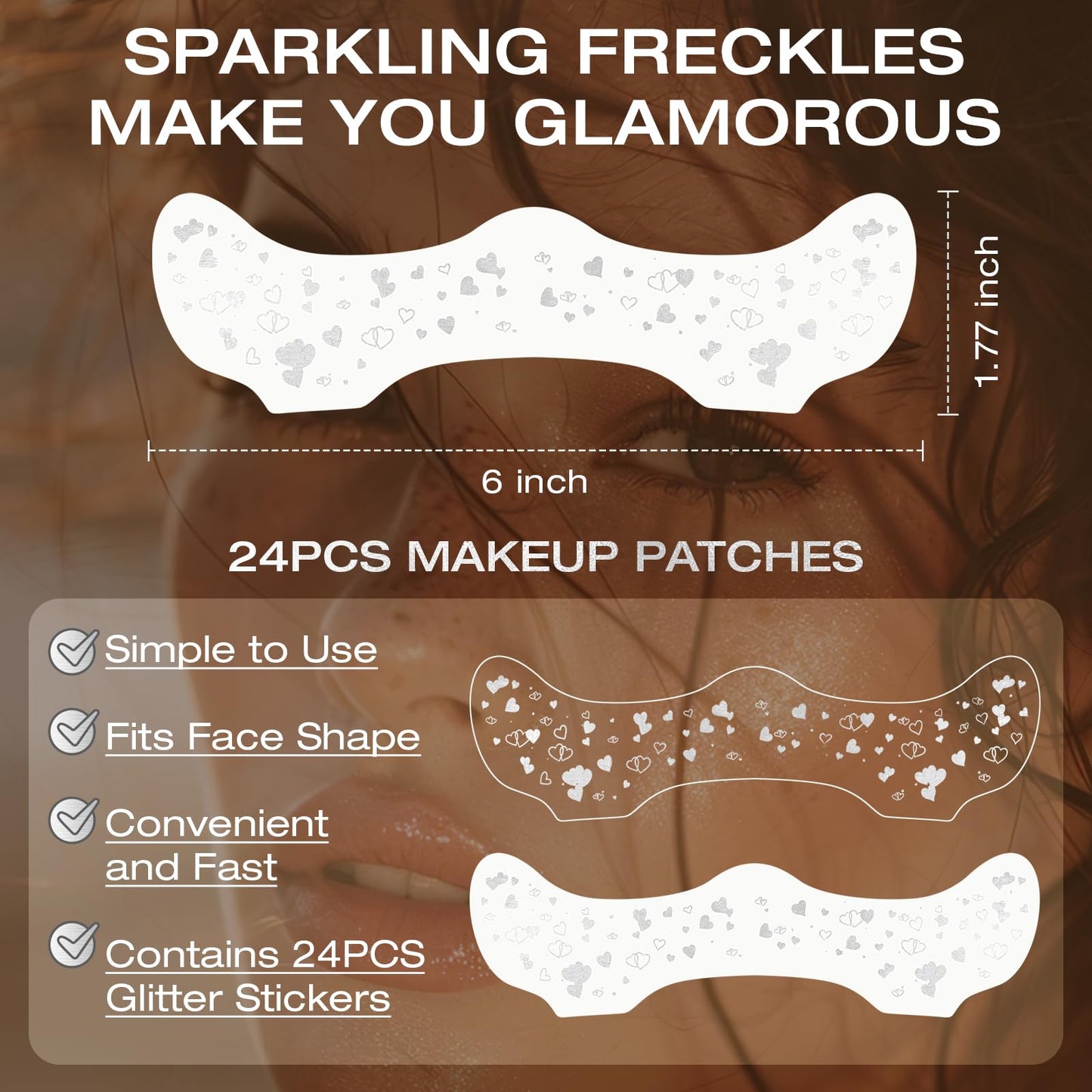 Leterly 24 Pcs Glitter Freckles Face Tattoo,Silver Face Glitter Makeup Patches Cute Sparkle Freckles Patches Waterproof Makeup Speckles for Face