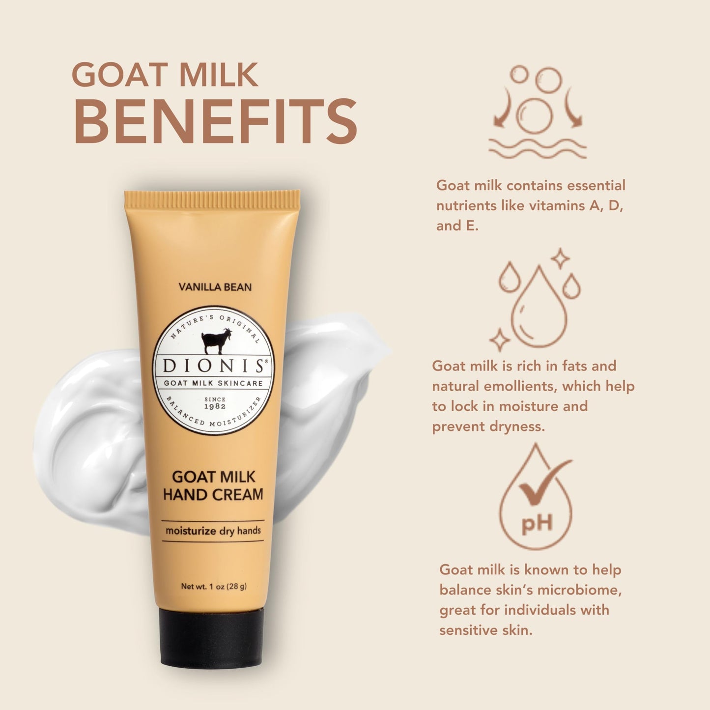 Dionis Goat Milk Skincare Hand Cream (Vanilla Bean, 1 oz)