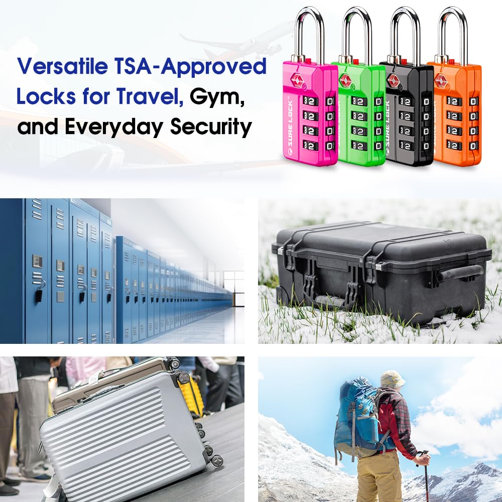 SURE LOCK TSA Approved Luggage Locks 2 Pack – 4-Digit Resettable Combination with Open Alert, Easy-Read Dials for Suitcases, Lockers & Gym (Black)