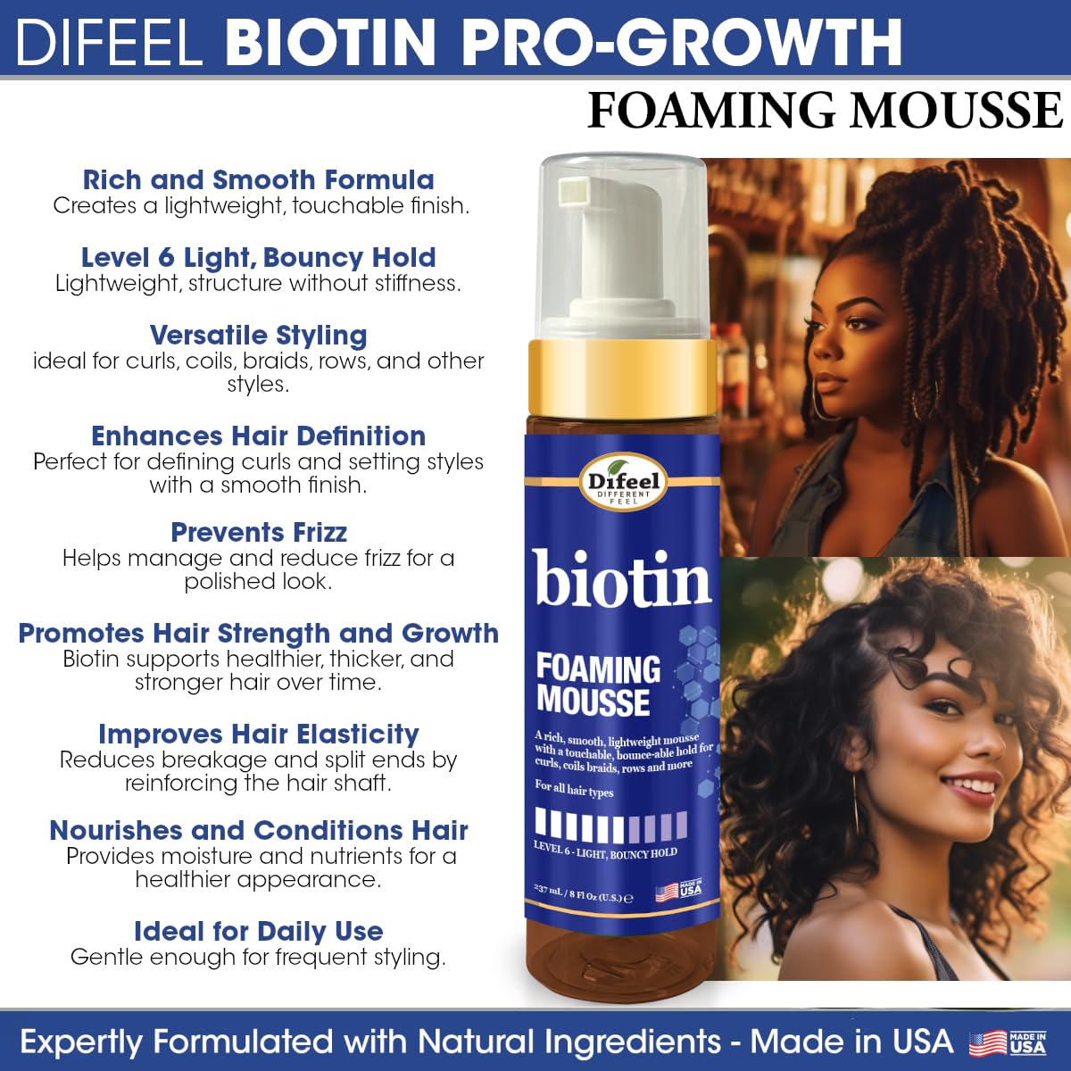 Difeel Biotin Foaming Mousse 8 oz. - Curly Hair Biotin Thickening Mousse, Ideal for Curls, Rows, Braids, and Coils
