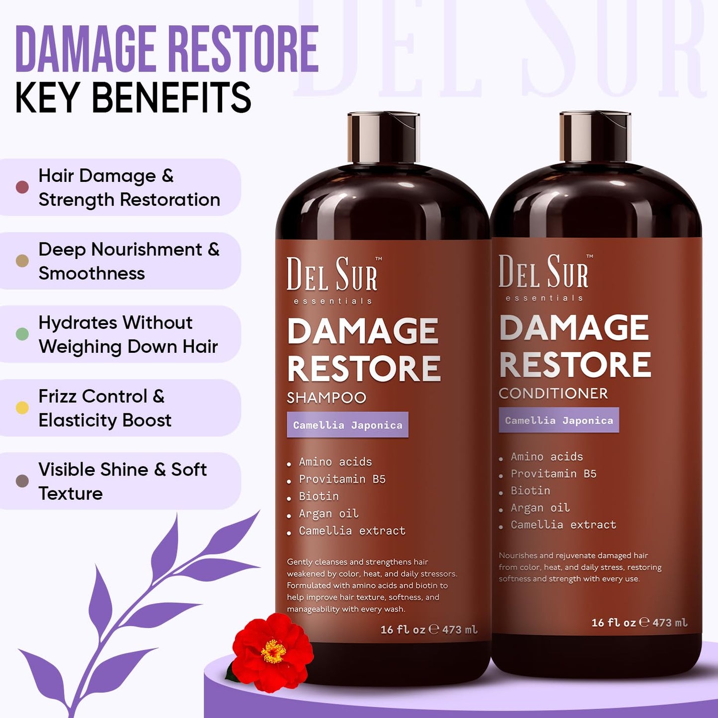 DEL SUR Hair Repair Shampoo and Conditioner Set | 16 fl oz Each | with Camellia Japonica, Amino Acids, Biotin & Argan Oil | Moisturizing Strength