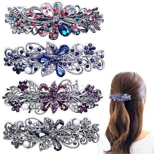 4 PCS Hair Barrettes for Women Ladies, Flower Crystal Rhinestones Barrette Pearl Spring Hair Clip Accessories Women Fashion Ponytail Holders Barrette