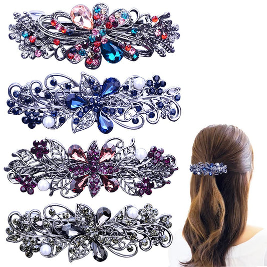 4 PCS Hair Barrettes for Women Ladies, Flower Crystal Rhinestones Barrette Pearl Spring Hair Clip Accessories Women Fashion Ponytail Holders Barrette