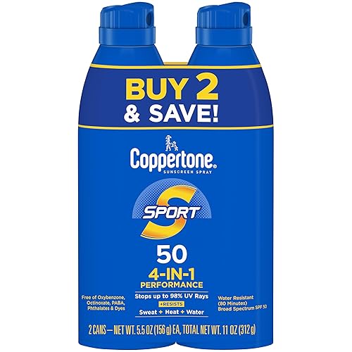Coppertone Sport Sunscreen Spray SPF 50, Water Resistant Spray Sunscreen Pack, 5.5 Oz, Pack of 2 (Packaging May Vary)