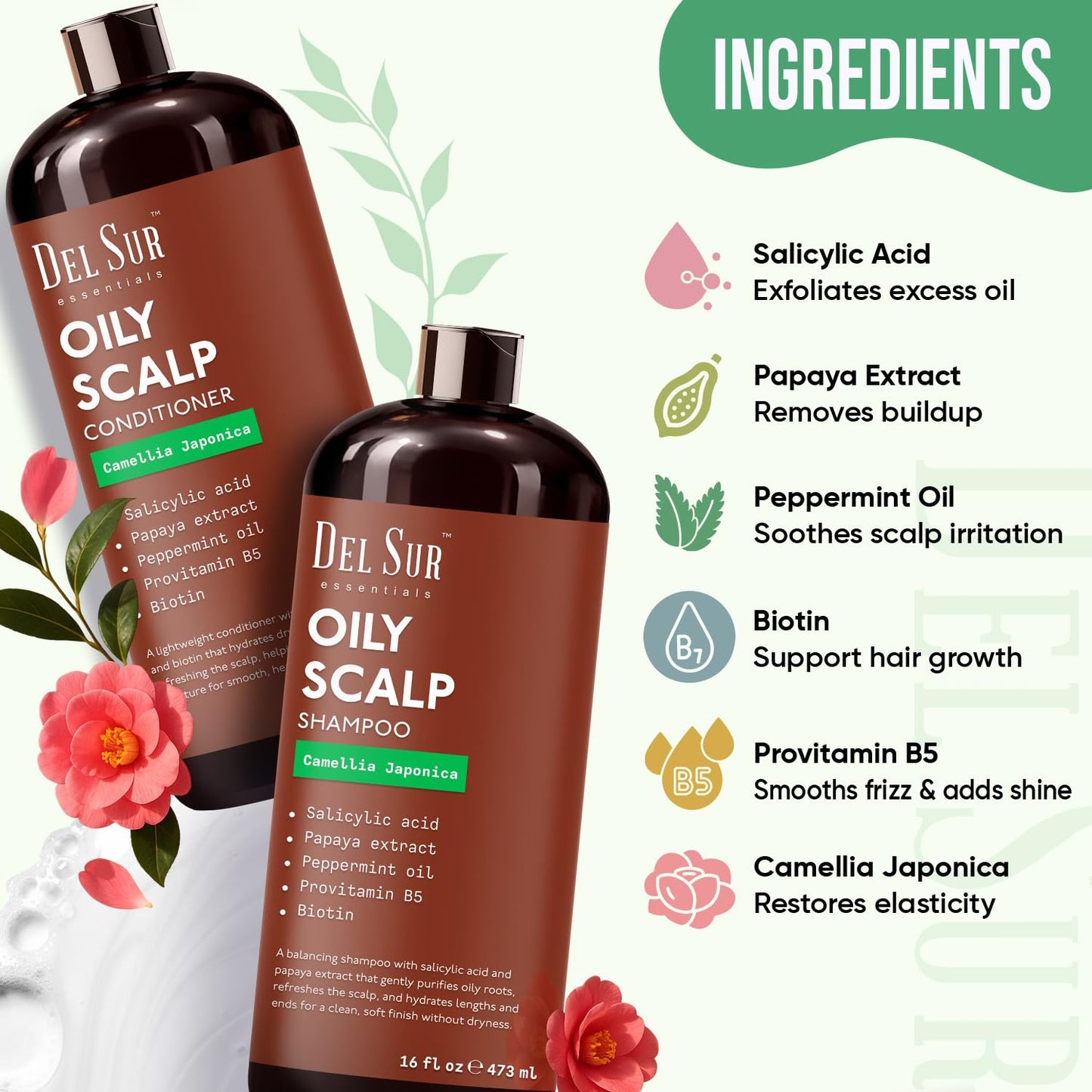 DEL SUR Clarifying Shampoo and Conditioner Set for Oily Hair | 16 fl oz | with Camellia Japonica, Salicylic Acid, Papaya & Biotin | Scalp Oil Control
