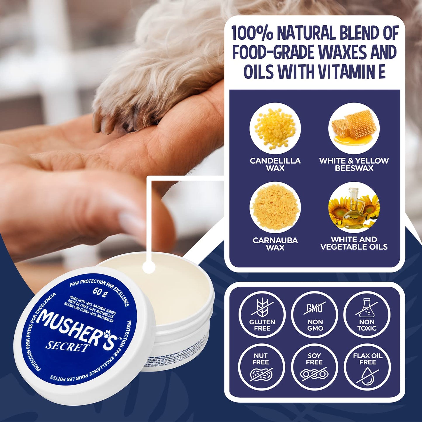 Musher's Secret Dog Paw Wax 60g – All-Natural Moisturizing Balm with Vitamin E, Protects & Heals Dry, Cracked Paws