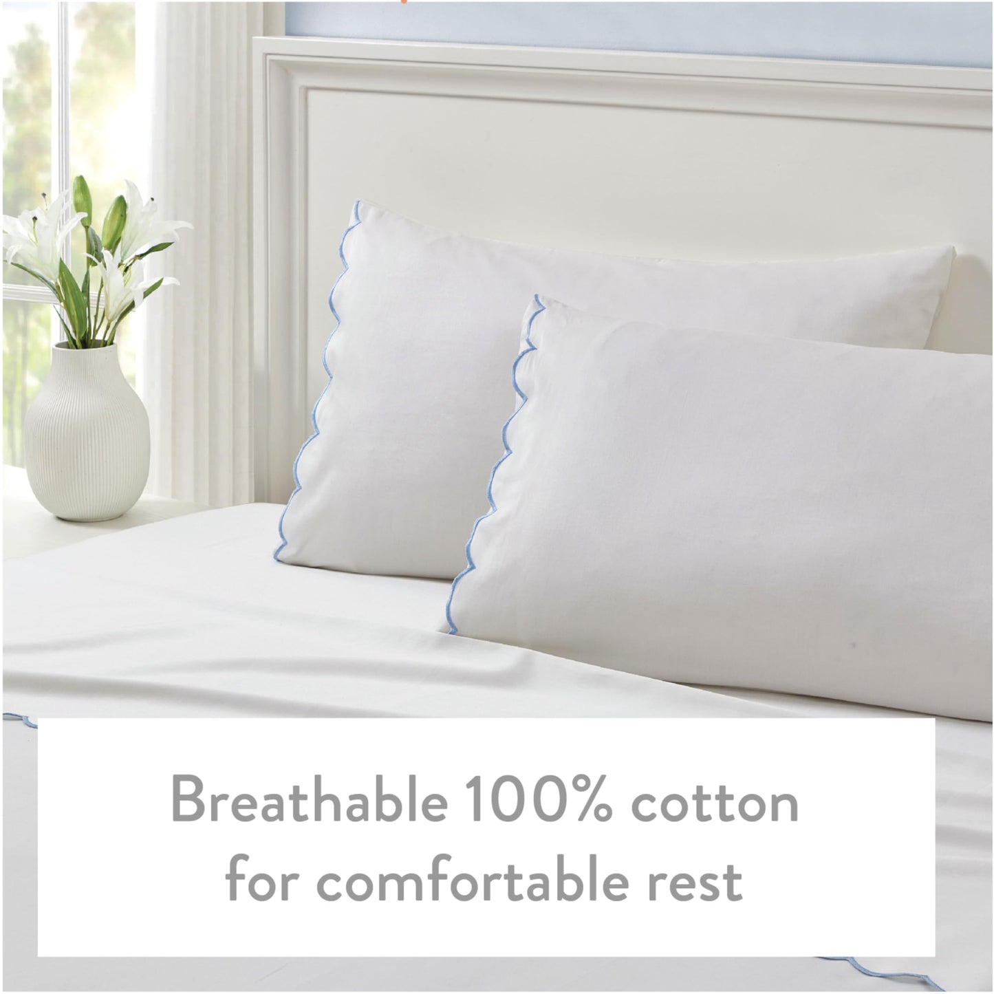 Peri Home King Size Pillow Cases, 2 Pack, Breathable Soft 300 TC 100% Cotton with Embroidered Scalloped Edge, Set of 2 Pillowcases, King, White with