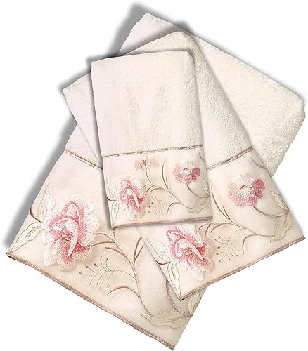 Popular Bath Dublin Rose Collection 3-Piece Towel Set - Soft & Absorbent Cotton Towels, Luxury Beige Bath Towels, Quick-Dry, Elegant Floral Design…