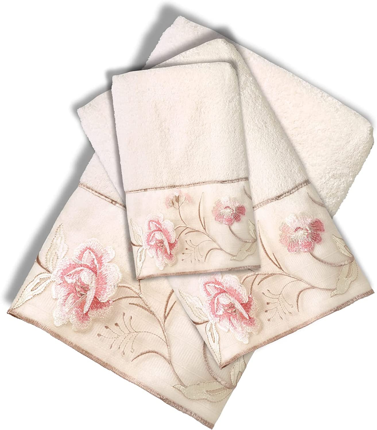 Popular Bath Dublin Rose Collection 3-Piece Towel Set - Soft & Absorbent Cotton Towels, Luxury Beige Bath Towels, Quick-Dry, Elegant Floral Design…