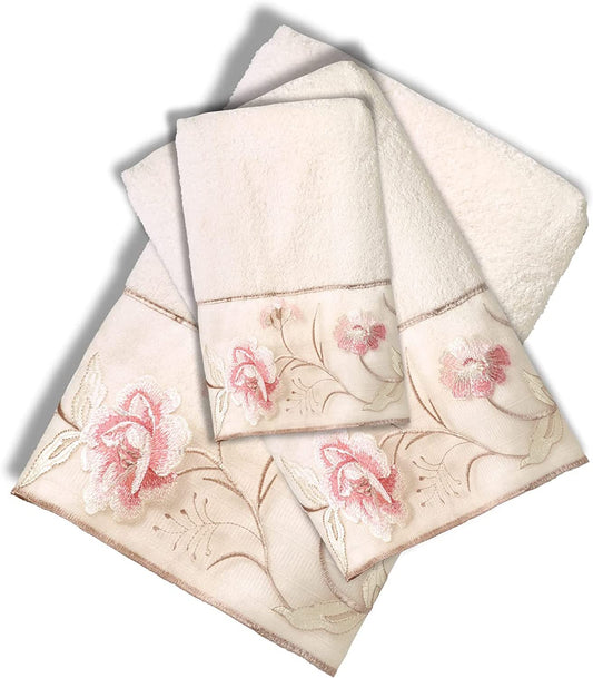 Popular Bath Dublin Rose Collection 3-Piece Towel Set - Soft & Absorbent Cotton Towels, Luxury Beige Bath Towels, Quick-Dry, Elegant Floral Design…