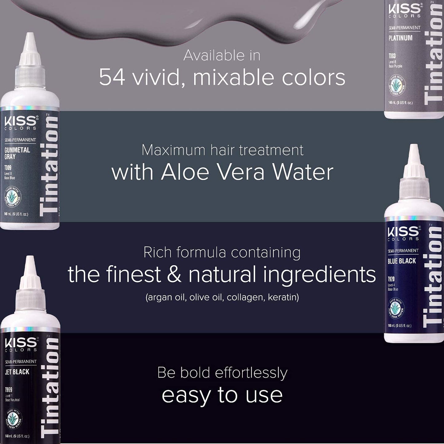 Red by Kiss Tintation Semi-Permanent Hair Color, Aloe Vera Water Based, Argan Oil, Olive Oil, Collagen & Keratin, Long-Lasting Color Dye (Black, 5 Fl
