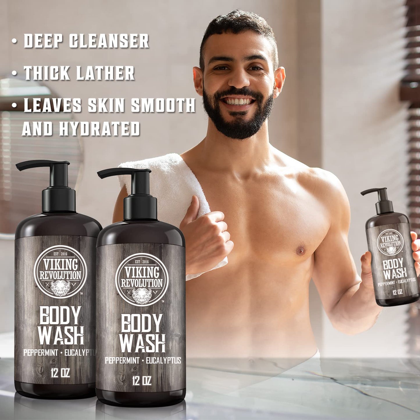 Viking Revolution Men's Body Wash - Eucalyptus Peppermint Body Wash for Men - Mens Natural Body Wash with Vitamin E and Rosemary Oil - Mens Shower Gel
