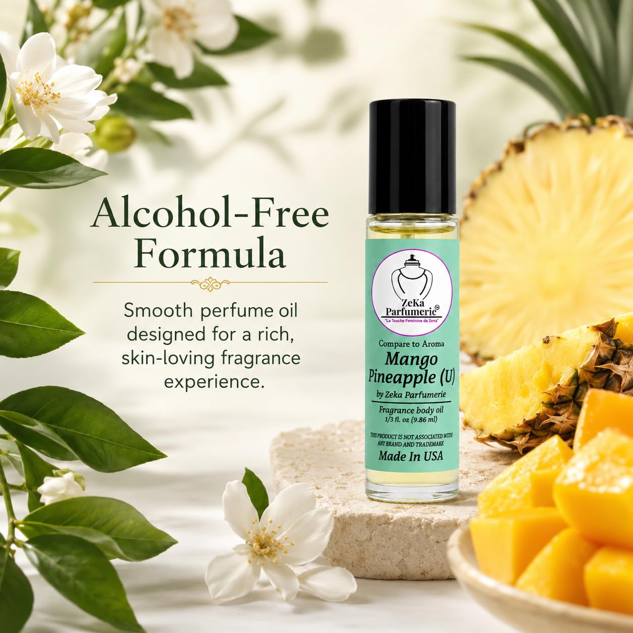 ZEKA PARFUMERIE Mango Pineapple Perfume Oil | Long-Lasting Unisex Fragrance Body Oil | Alcohol-Free Roll-On | 1/3 Fl Oz (9.86 mL) Made in USA