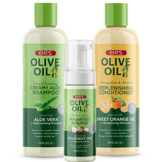 ORS Olive Oil Shampoo, Conditioner & Wrap Set Mousse with Aloe Vera, Orange & Coconut Oil for Healthier Hair (3 Piece Set)