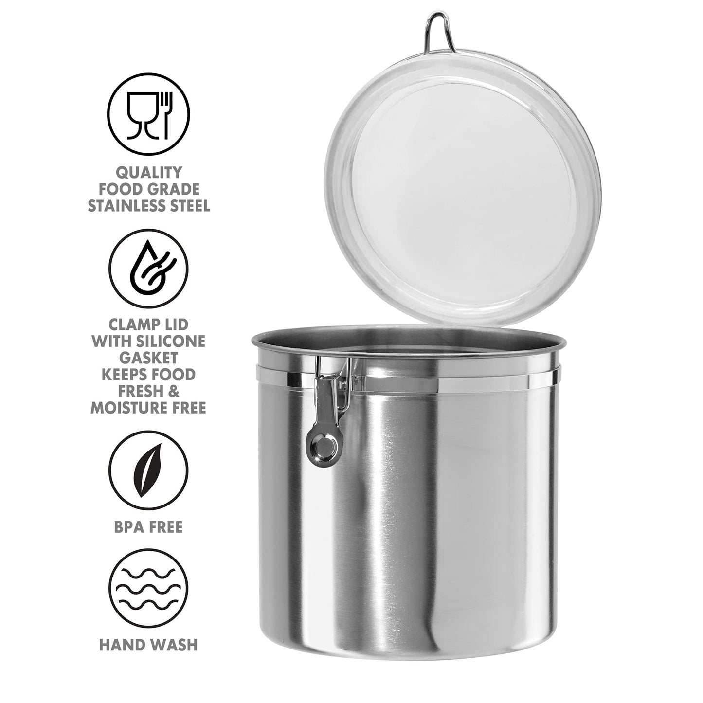 Oggi Stainless Steel Kitchen Canister 152 fl oz - Airtight Clamp Lid, Clear See-Thru Top - Ideal for Kitchen Storage, Food Storage, Pantry Storage.…