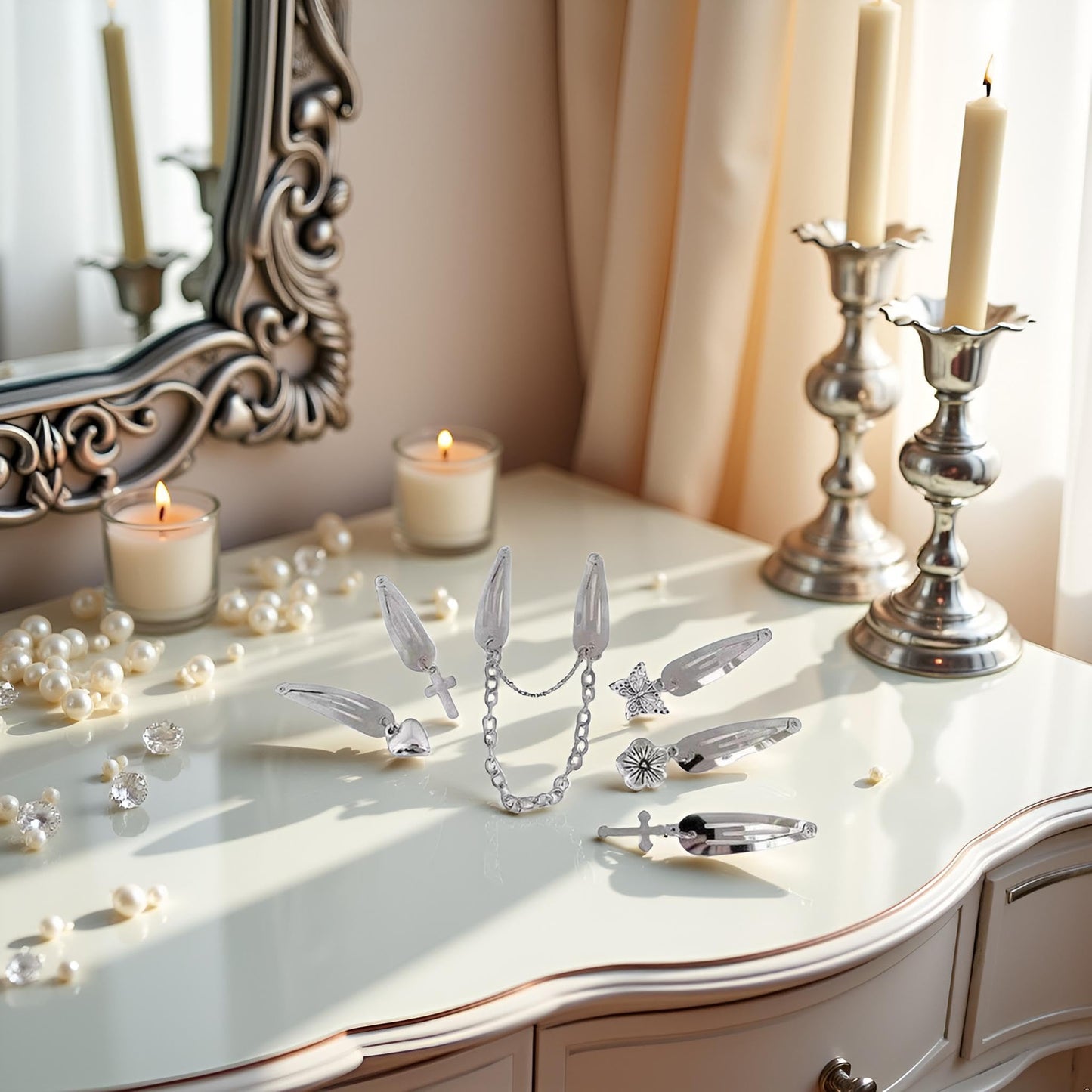 2pcs/Set Metal Snap Hair Clips Chain Silver Color Cross Heart Hair Barrettes Clips with Pendant Girls Hair Accessories