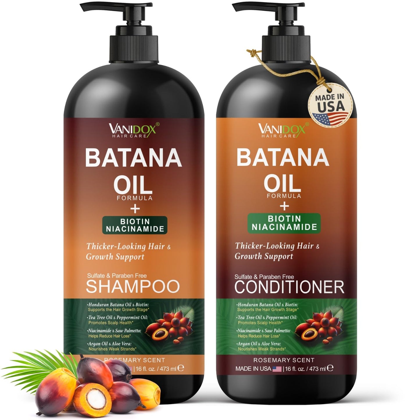 VANIDOX Batana Oil Shampoo and Conditioner Set - Biotin & Niacinamide Infused - Sulfate-Free, Paraben-Free - Moisturizing & Strengthening Hair Care