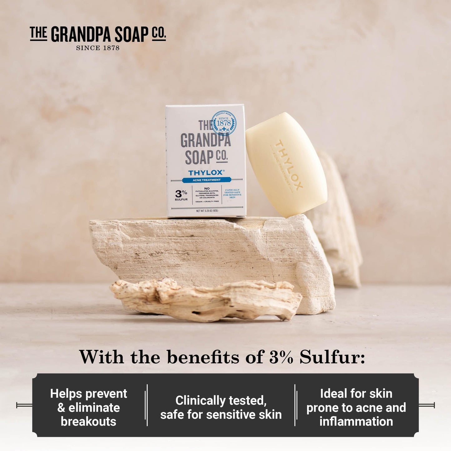The Grandpa Soap Co. Thylox Acne Treatment Bar Soap - With 3% Natural Sulfur - Prevents and Eliminates breakouts - For Acne Prone Skin - Safe