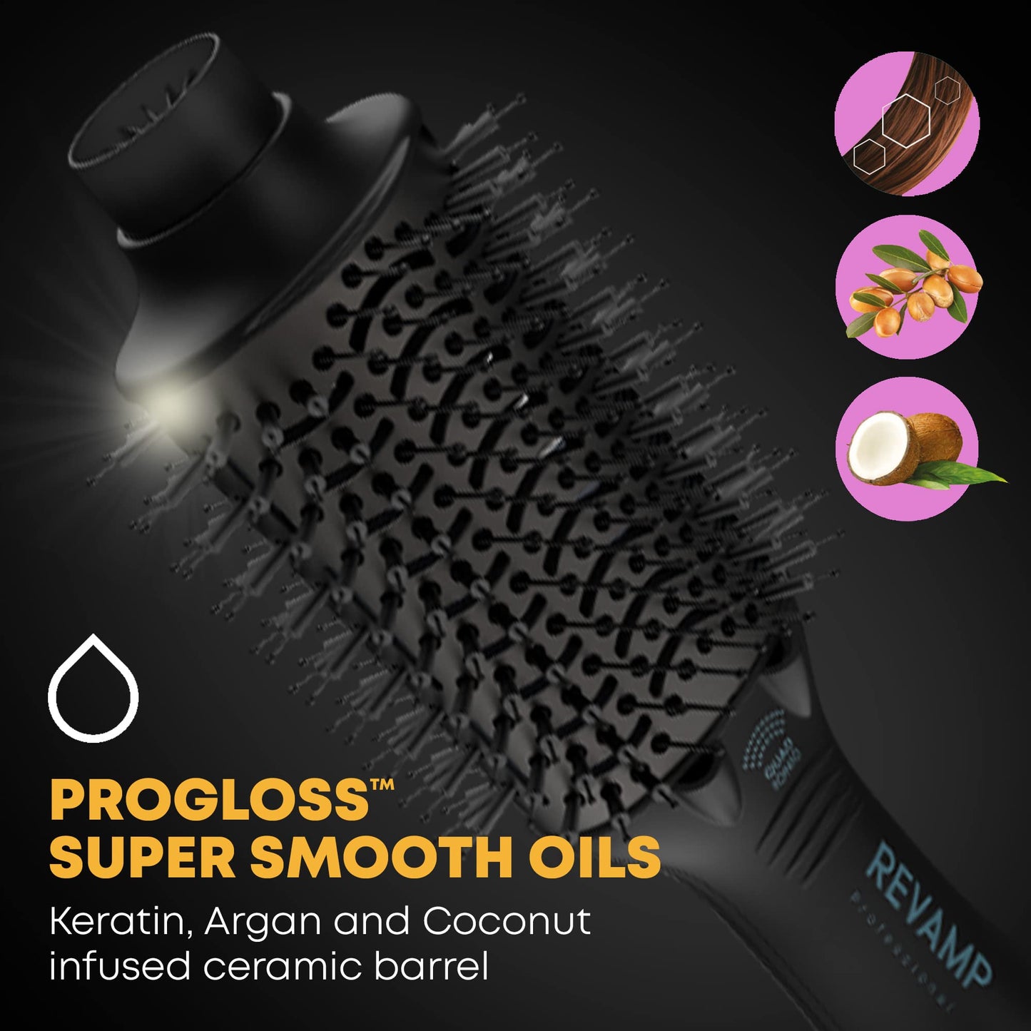 Revamp Progloss Perfect Blow Dry Volume Styler - Ceramic Barrel Hair Dryer Brush for Wet or Dry Styling, Infused with Progloss Oils for Frizz-Free