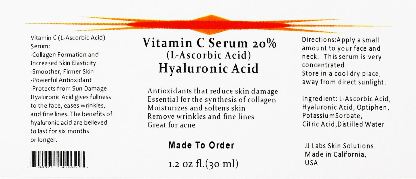 Vitamin C Skin Serum 20% (L-ascorbic Acid) with Pure Hyaluronic Acid Anti Aging Serum Beauty & Personal Care JJ Labs Skin Solutions