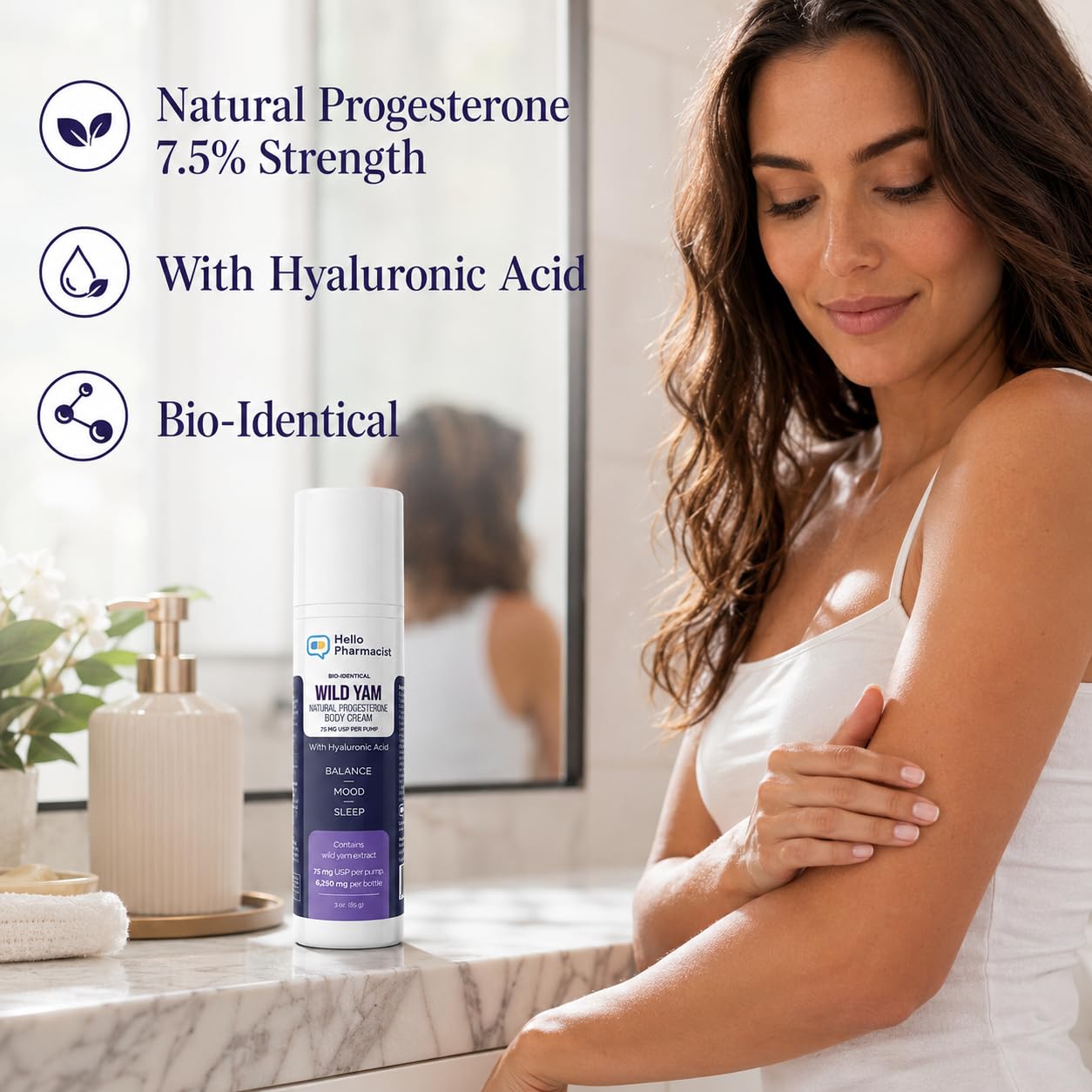 HelloPharmacist BioIdentical Progesto Cream 75mg MAX - Hormone Balancing Skin Moisturizer with Hyaluronic Acid, Plant-Based, Non-GMO, Gluten-Free
