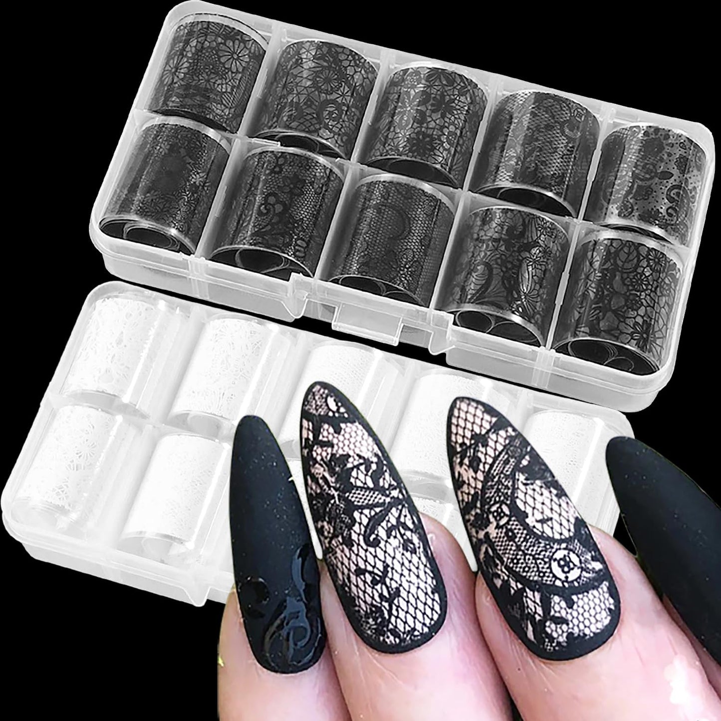 SILPECWEE 20 Rolls Lace Nail Foil White and Black Nail Transfer Foil Flower Nail Art Foils Decals Holographic Foils for Nails Manicure Stickers Beauty and Personal Care SILPECWEE