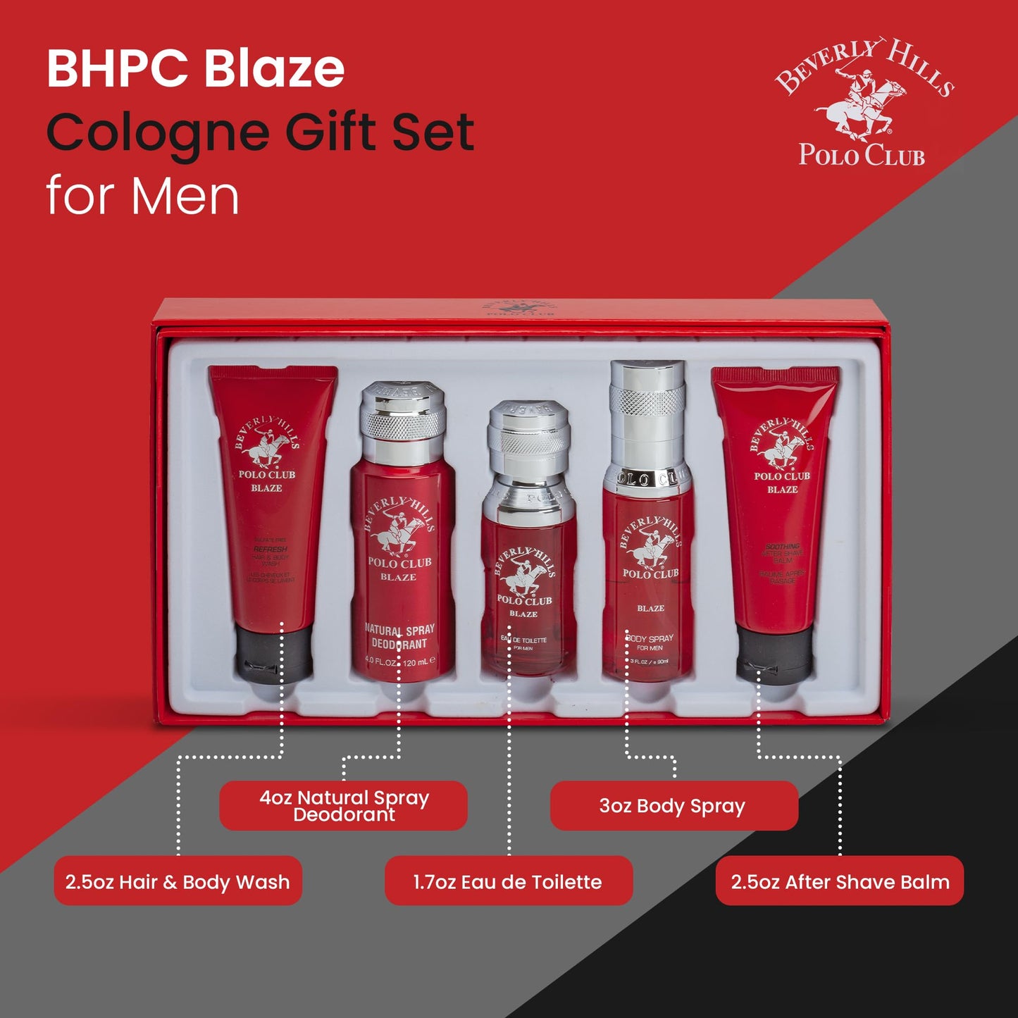 Beverly Hills Polo Club Blaze Men's 5-Piece Luxury Cologne Gift Set - Long-Lasting Spicy Woodsy Fresh Eau de Toilette Fragrance Collection for Him