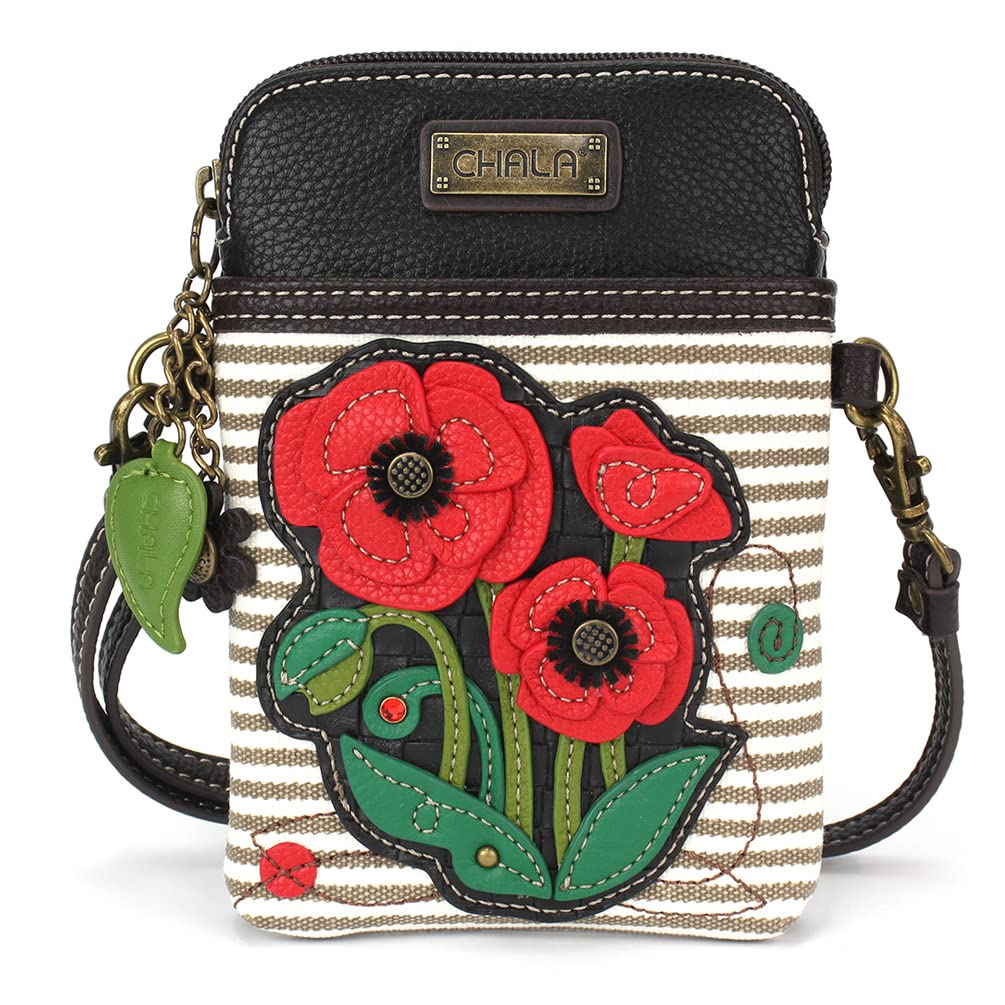 CHALA Plant Life Collection Cell Phone Crossbody Purse-Women PU Leather/Canvas Multicolor Handbag with Adjustable Strap - Red Poppy - gray stripe