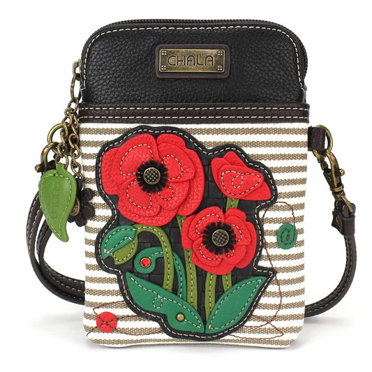 CHALA Plant Life Collection Cell Phone Crossbody Purse-Women PU Leather/Canvas Multicolor Handbag with Adjustable Strap - Red Poppy - gray stripe