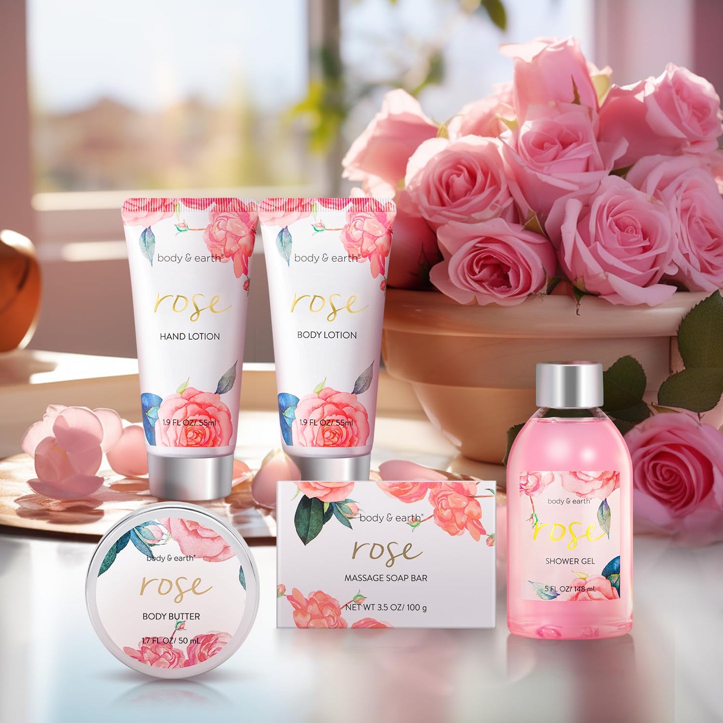 Bath and Body Gift Set for Women, Body & Earth 5 Pcs Rose Spa Gifts for Women, Self Care Kit, Lotion Set for Her, Birthday, Mothers Day Presents
