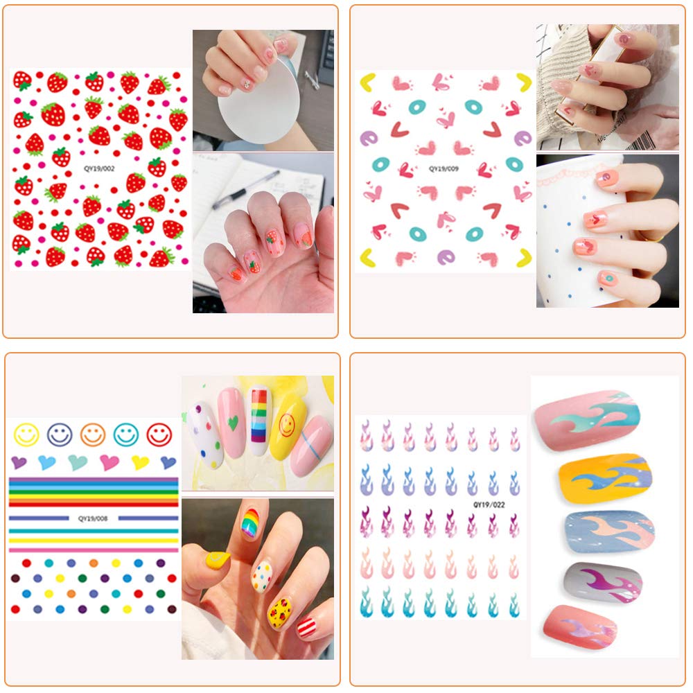 Nail Stickers for Women and Little Girls - 12 Sheets 3D Self-Adhesive DIY Nail Art Decoration Set Including Flowers Leaves Animals Plants Fruits Nail