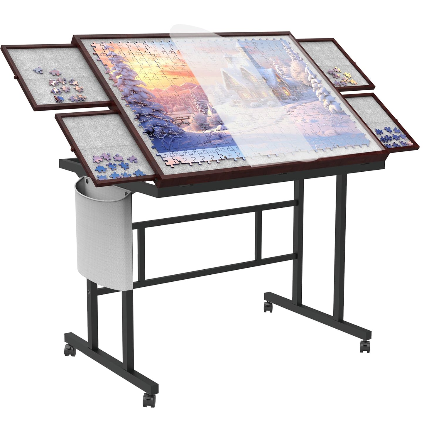 Doerpuz Jigsaw Puzzle Table – 1500 Piece Board with Legs, Wheels & Storage Pocket, 5 Adjustable Levels, Drawers, Coffee Color