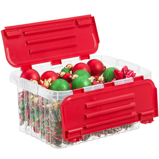 Superio Christmas Storage Box with Red Hinged Lids, Plastic Container Bins for Organizing with Attached Lid, Stackable Crates, BPA Free, Organizers…