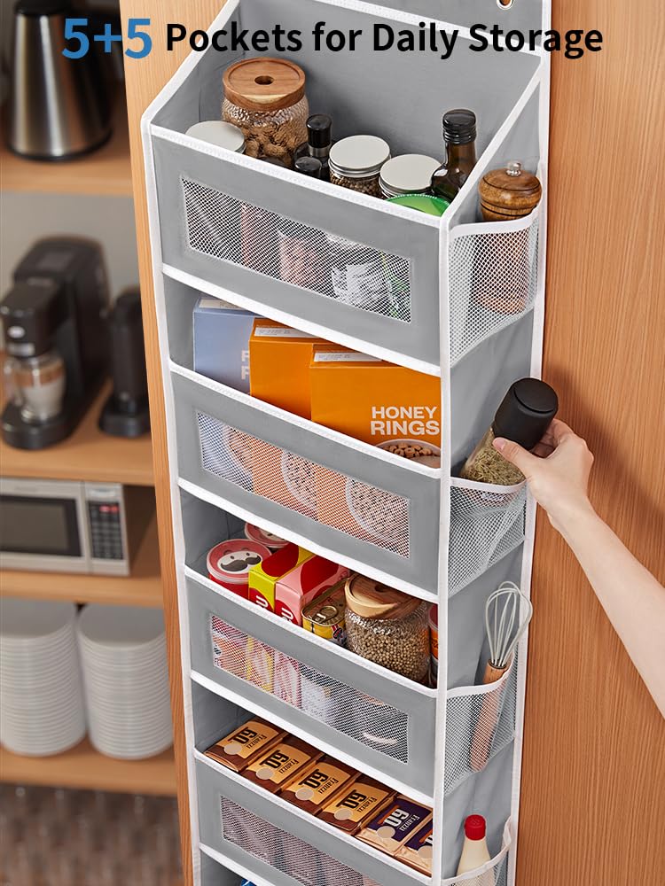 JARLINK Over the Door Organizer – 5-Shelf Hanging Storage with Large Pockets, 44lb Capacity – for Bedroom, Bathroom, Pantry – Grey