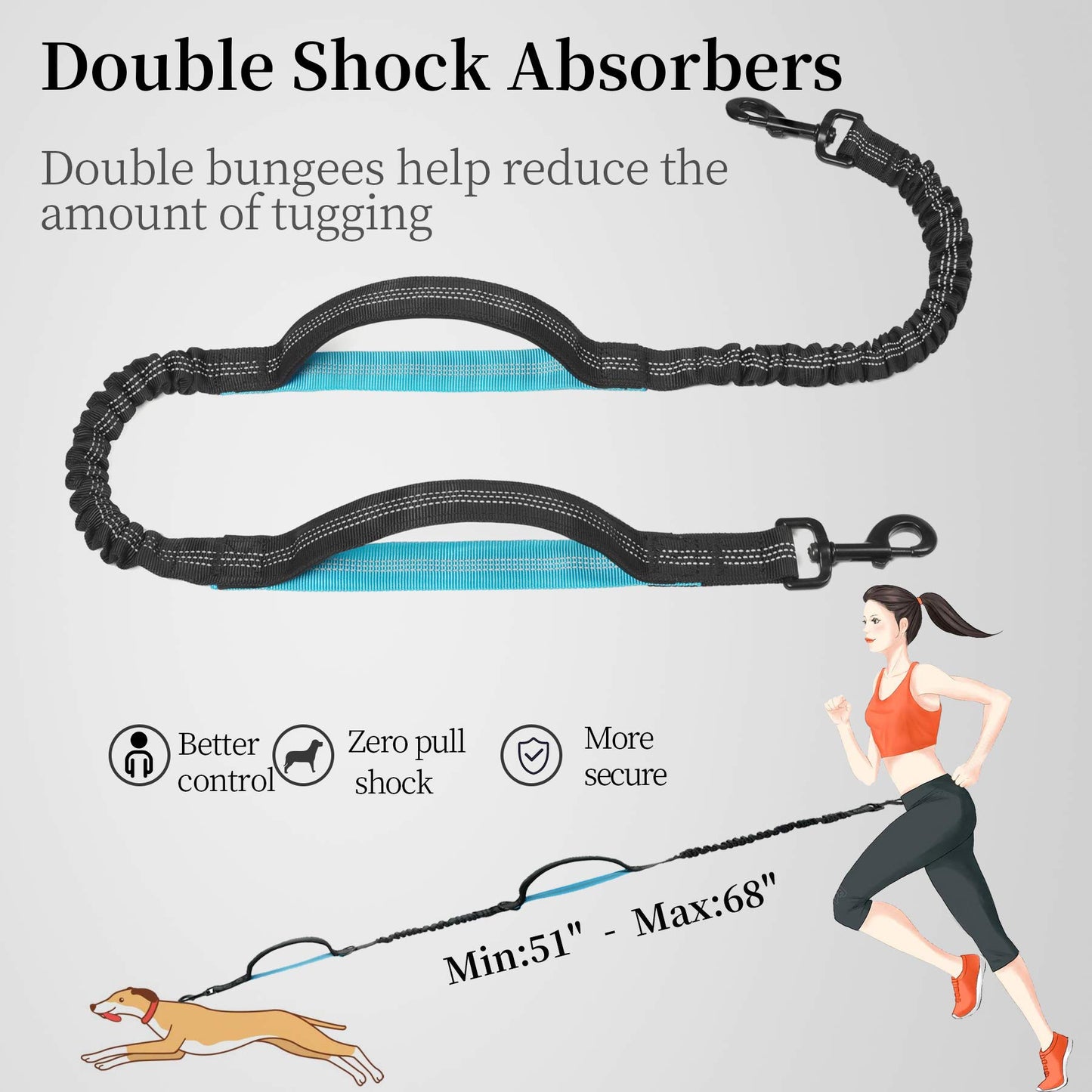 iYoShop Hands Free Dog Leash with Pouch, Dual Handles & Bungee for Walking, Jogging, Running Dogs 25-120 lbs (Black)