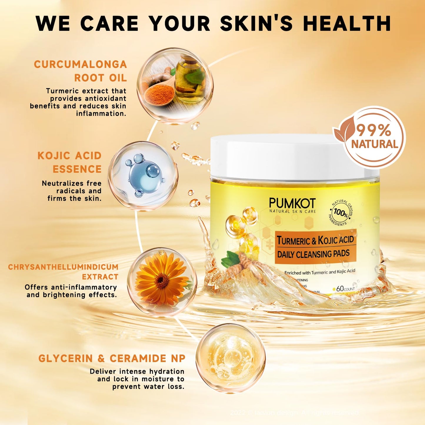 Pumkot Turmeric Kojic Acid Cleansing Pads, Turmeric Face Scrub Pads Enriched with Kojic Acid, 60PCS