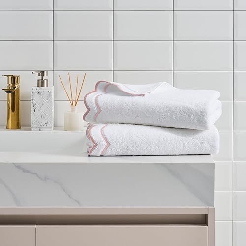 Peri Home 2 Piece Bath Towel Set, 500 GSM, 100% Cotton Towel for Bathroom, Embroidered, Soft & Absorbent, White with Blush Scallop