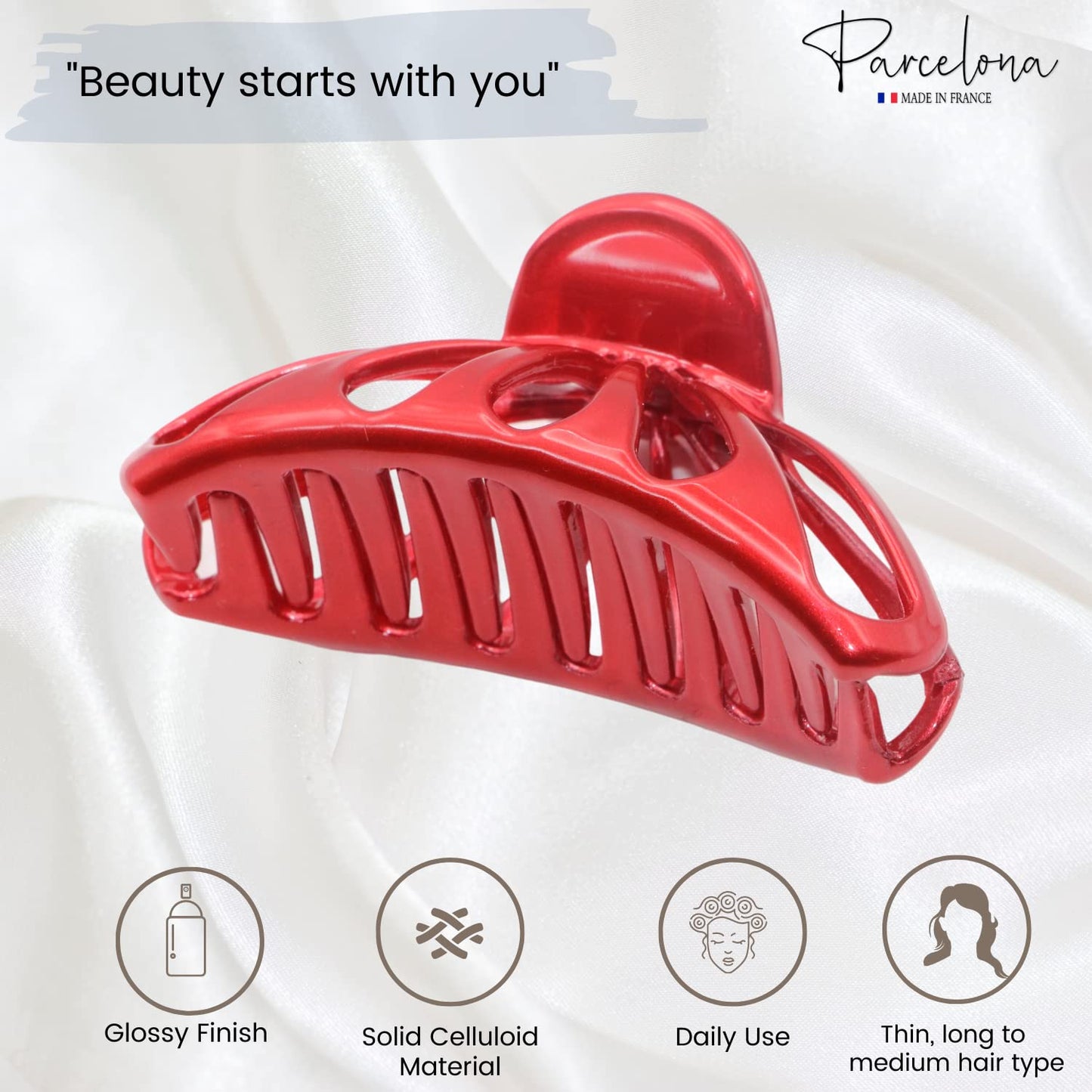 Parcelona French Small Rain Drop Small 2 3/4 Inches Red Jaw Hair Claw Clip (Glossy Red)