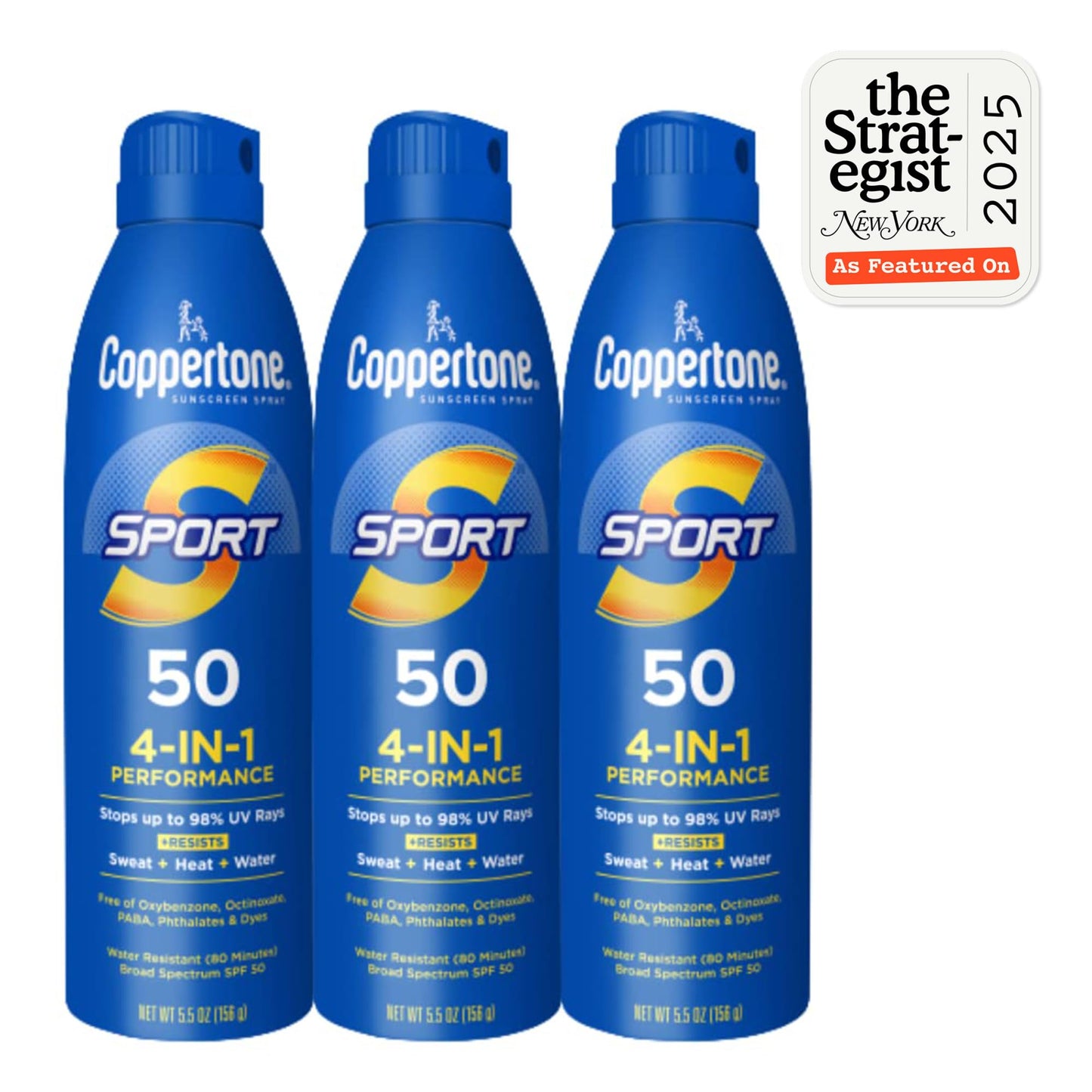 Coppertone Sport Sunscreen Spray SPF 50, Sweat, Heat and Water Resistant Sunblock, Lightweight, Oxybenzone Free, Spray Sunscreen Bulk Pack, 5.5 Oz