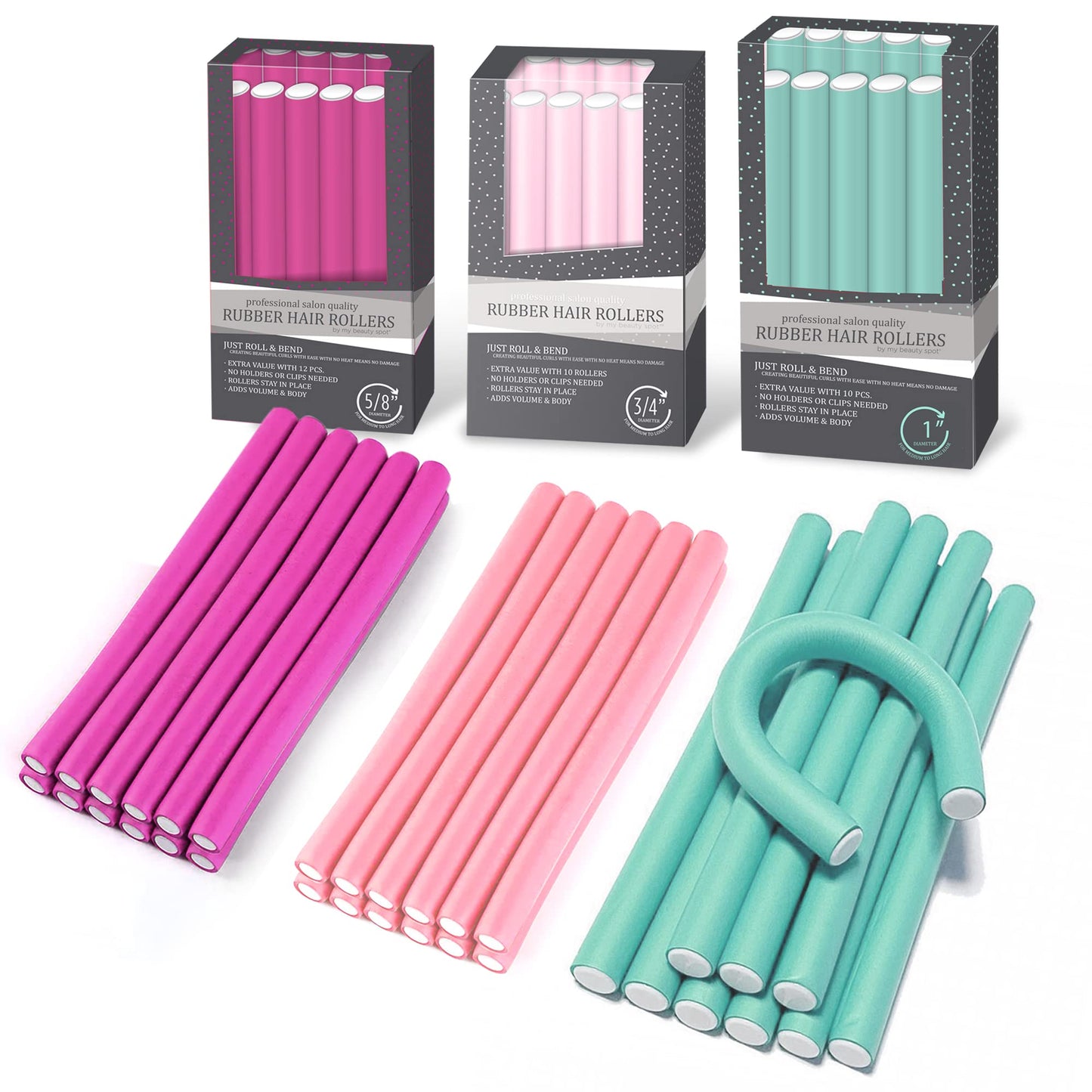 My Beauty Spot Flexi Rods Foam Hair Rollers 1" Diameter Professional Salon Quality 10 Pcs Rubber Hair Rollers for Long, Medium and Short Hair (Blue)