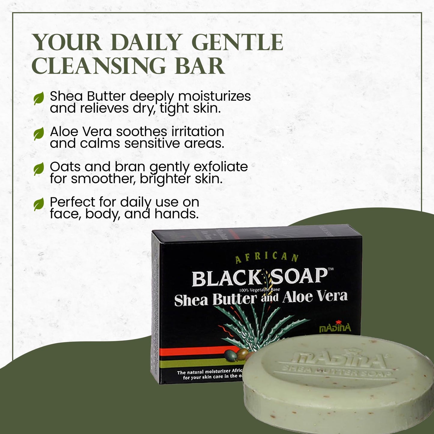 Madina African Black Soap Bar - Shea Butter, Aloe Vera, Moisturizing, Gentle Exfoliating, 100% Vegetable-Based, For All Skin Types, Face & Body