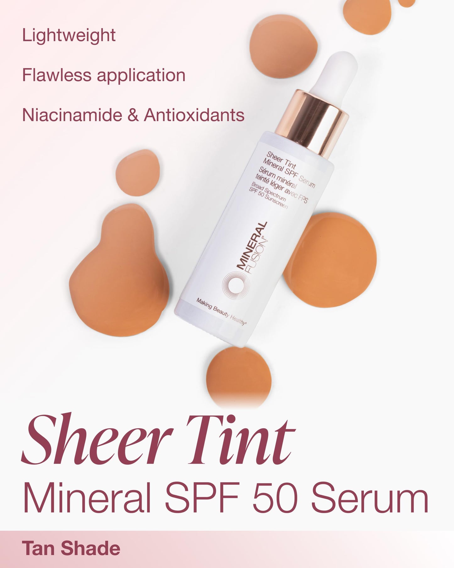 Mineral Fusion Sheer Tint Mineral SPF 50 Face Serum for Sensitive Skin - Tinted Broad Spectrum Sunscreen - Lightweight Dewy Coverage - Niacinamide