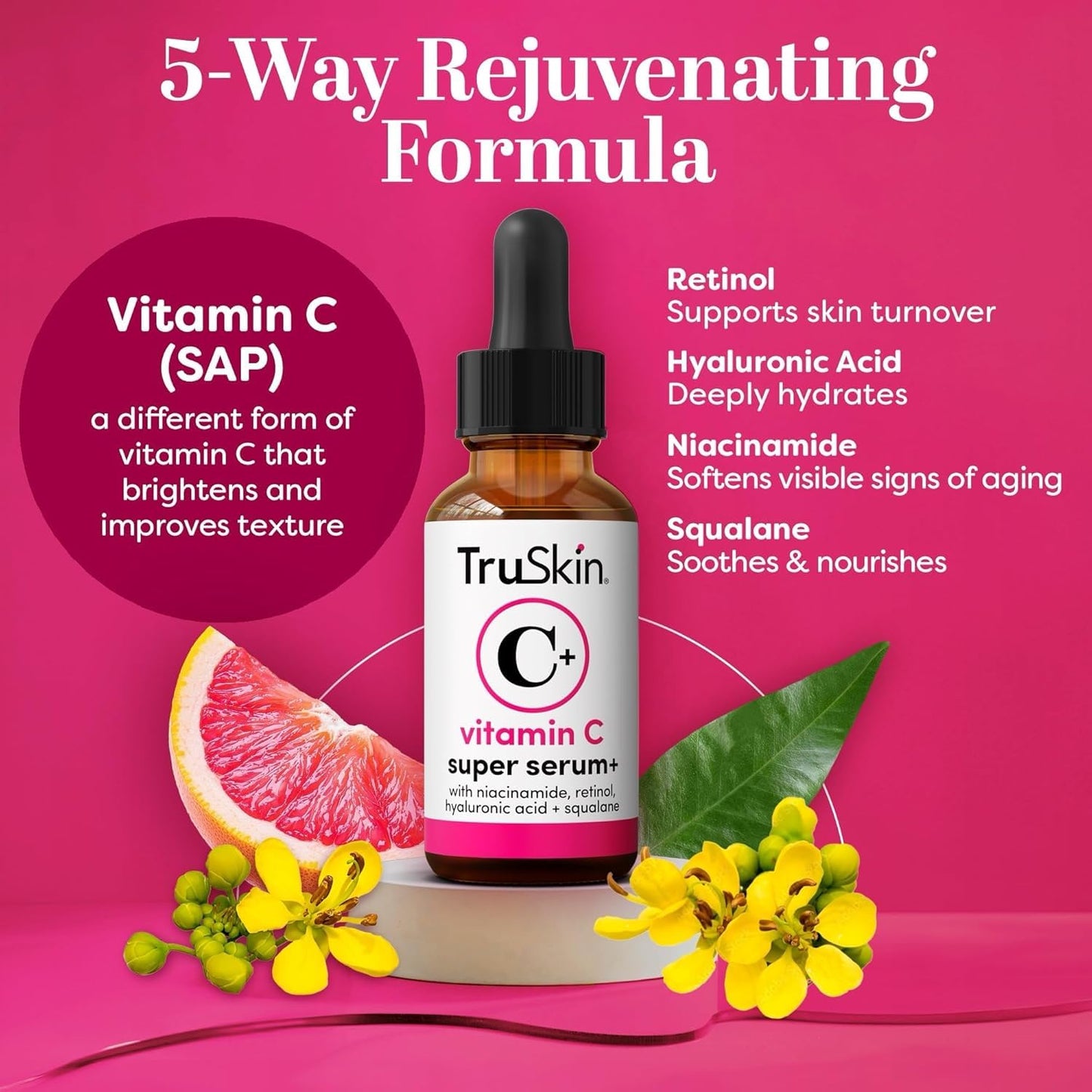 TruSkin Vitamin C Super Serum for Face - Five Skin Benefits in One Serum with Vitamin C, Retinol, Niacinamide, Hyaluronic Acid & Squalane - Brighten Beauty and Personal Care TruSkin