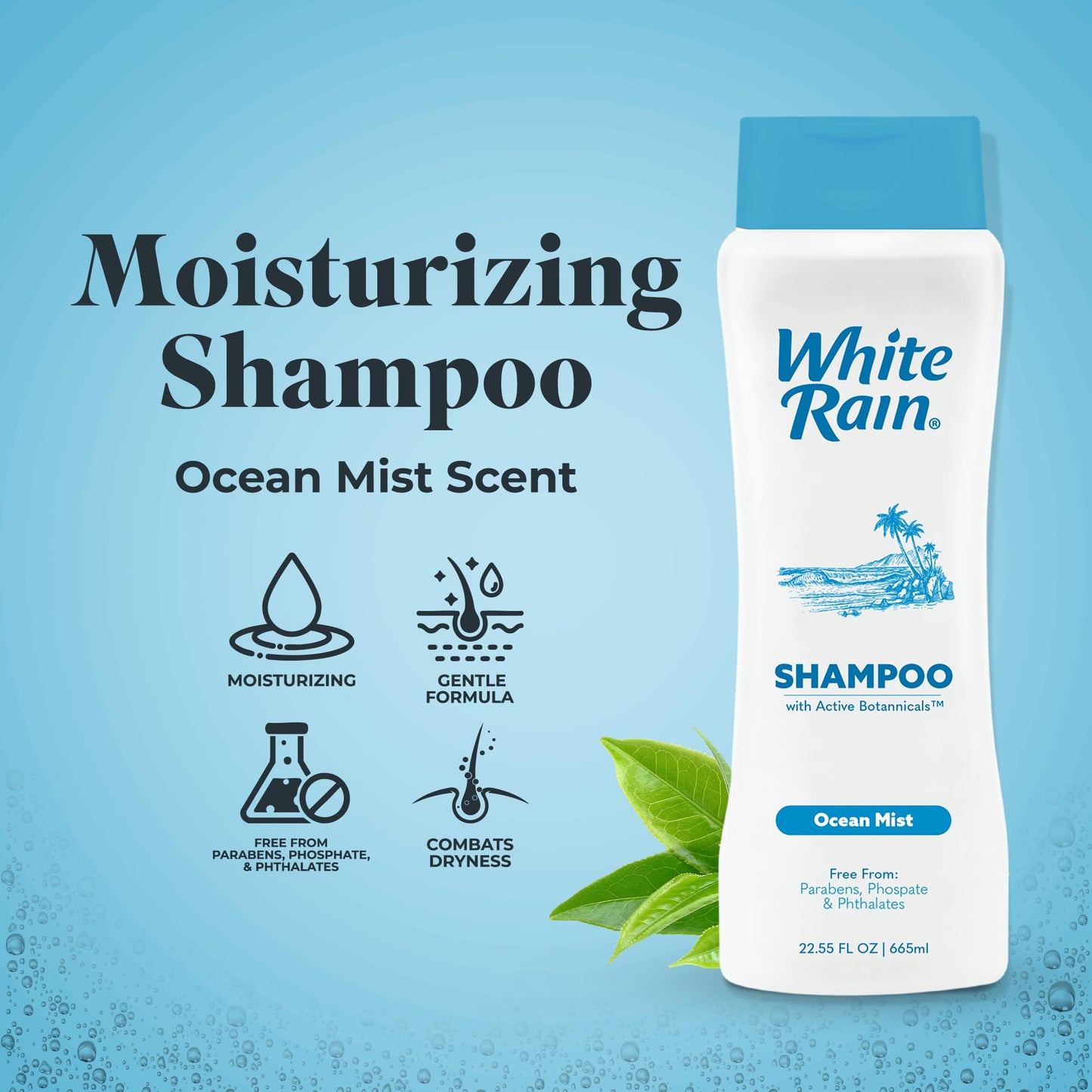 White Rain Moisturizing Shampoo - Ocean Mist Scent, 15 fl oz, Hydrating Shampoo for Men & Women, Paraben-Free & Cruelty-Free with White Lily, Green