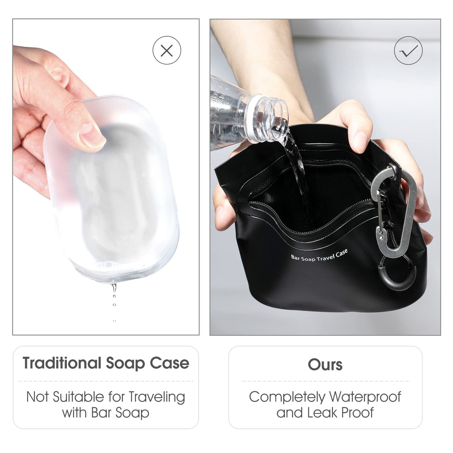 WIROTA Travel Soap Container Bag with Waterproof Zipper and Carabiner Clip Waterproof and Leak Proof Soap Travel Case Travel Accessories (Black)