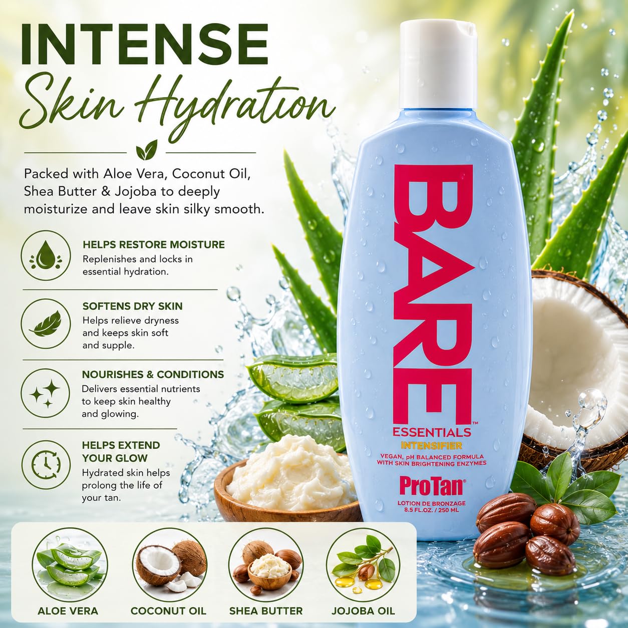 Pro Tan Bare Essentials Intensifier Tanning Lotion 8.5 fl oz - Vegan pH Balanced Formula with Aloe, Coconut Oil, Jojoba & Vitamins - Indoor Outdoor